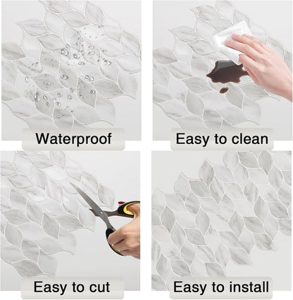 Tilingview 10 Pcs Vinyl Leaf Peel and Stick Tile for Kitchen Backsplash, Premium Self-Adhesive Tiles Plastic Wall Stickers Art Mosaics (Blue Gray)