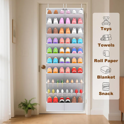 UVIAHOMI 20-30 Pairs Over the Door Shoe Organizer, Clear Pockets Hanging Shoe Storage for Closet, 10-Tier Door Shoes Rack, Handing Shoes Holder Fit All the Family's Sneakers, Boots, Heels, White