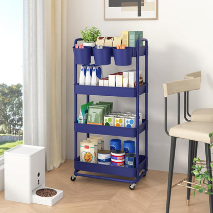 JIUYOTREE 4-Tier Plastic Rolling Storage Cart Utility Cart with Extra Hanging Cups Handles Lockable Wheels for Living Room Bathroom Kitchen Office White