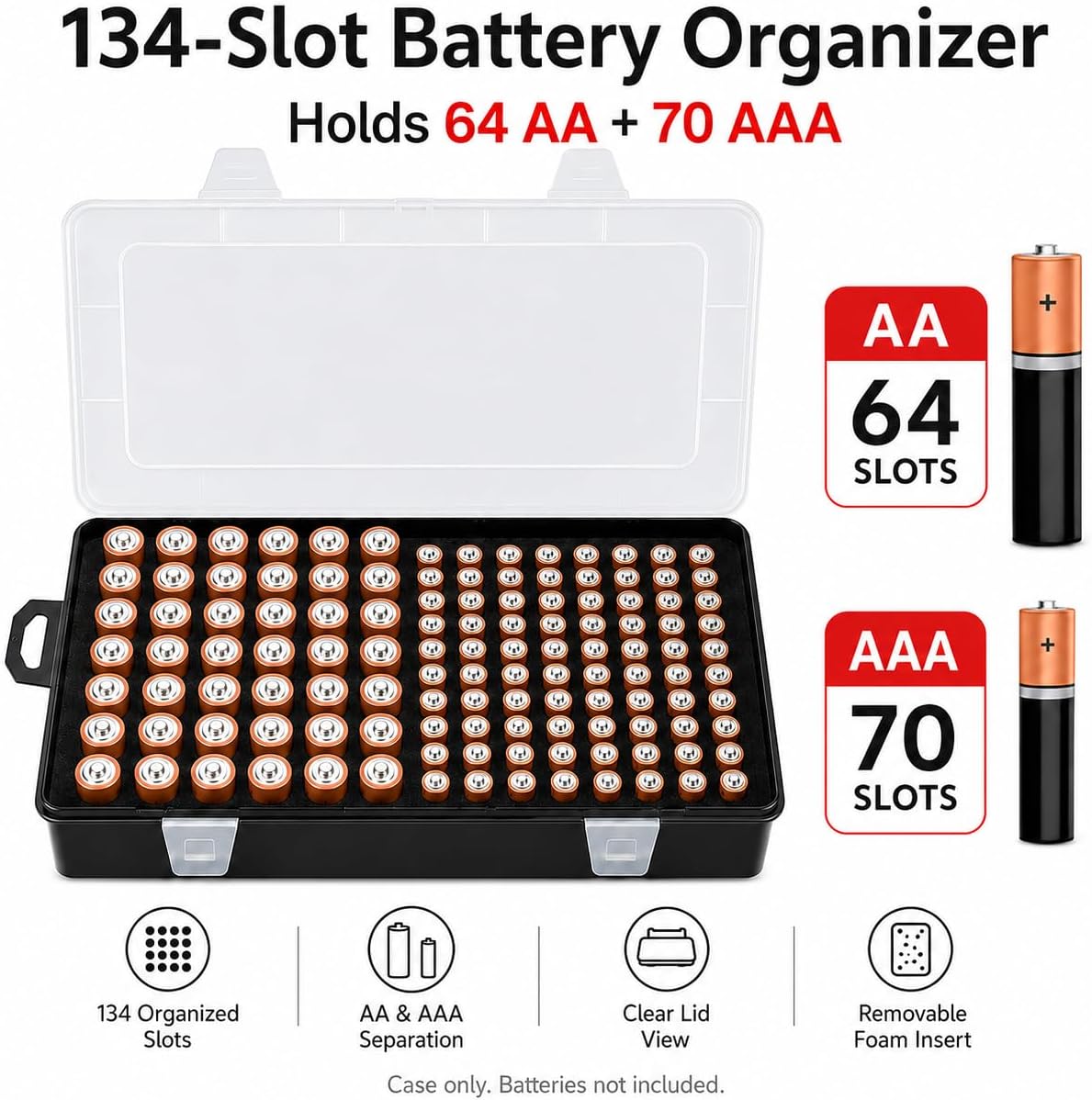 Xuerdon Battery Organizer Case with BT168 Tester 120+ Batteries Storage Box | Clear Plastic Battery Box Holds 49AA 51AAA 10CR2032 10CR1632 Batteries, Wall Mount Drawer Organizer Batteries not Included