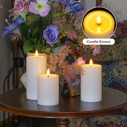 Yeelida Outdoor 4pcs Flameless Waterproof Candles with Handy Remote Control, Cycle Timer Battery Operated Candle Grease Effect LED Flickering Pillar Plastic Long Lasting (White, 3" x4" 5" 6" 7")