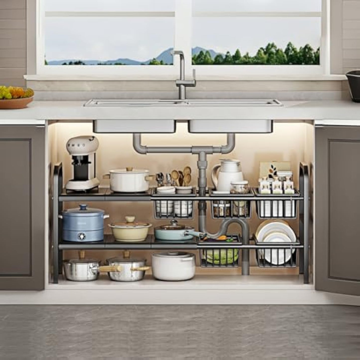 Under Sink Organizer，2 Tier Expandable Heavy Duty Metal Shelf，with 5 Removable Panels and 5 Storage Basket for Under Kitchen Bathroom Sink Organizers and Storage(Black, Large)