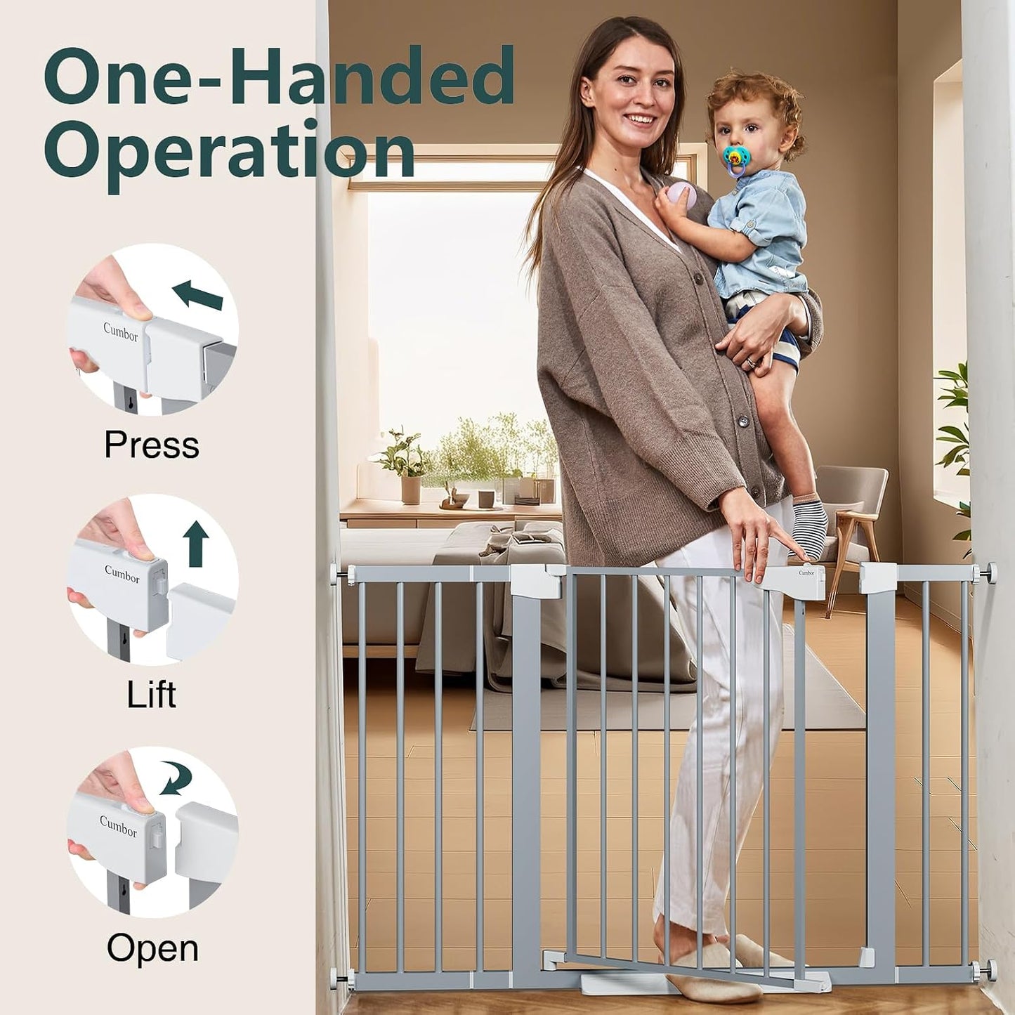 Cumbor 29.7-48" Baby Gate for Stairs, Mom's Choice Awards Winner-Dog Gate for Doorways, Auto Close Safety Pet Gate for Dogs Indoor, Easy Install Pressure Mounted Child Gate with Walk Thru Door, Brown