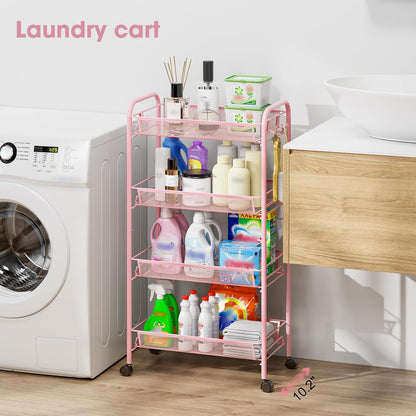 TOOLF 3-Tier Metal Rolling Cart, Mesh Wire Easy Assemble Utility Cart, Storage Trolley on Wheels with 3 Hooks, MetalStorage Shelving Units for Kitchen Bathroom Laundry Room