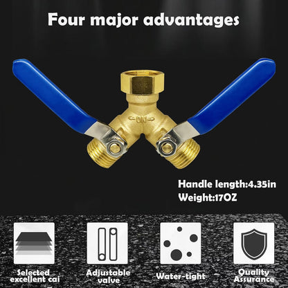 Brass Garden Hose Splitter 2 Way Heavy Duty，with 304 Stainless Steel Long Handle，Brass Y Valve Water Garden Hose Adapter 2 Way Y Valve 3/4" GHT Thread