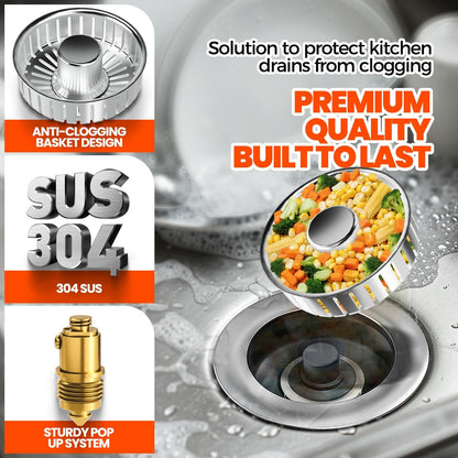 2 Pack Sink Drain Strainer - Sink Stopper, 3 in 1 Stainless Steel Kitchen Drain Plug with Deep Anti-Clog Basket and Odor-Blocking Seal, Pop-Up Design Fits Standard 3-1/2 Inch Sink