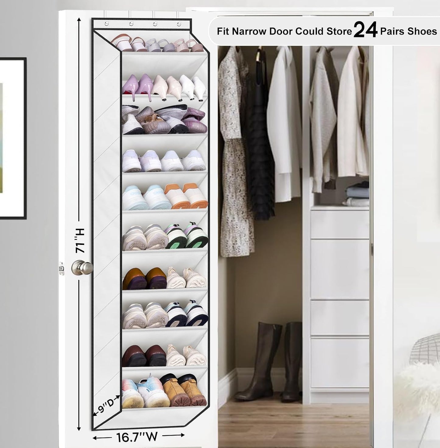 SLEEPING LAMB Over The Door Shoe Organizer for Closet with Large Deep Pockets, Narrow Shoe Rack for Door Hanging Boots Storage, Black