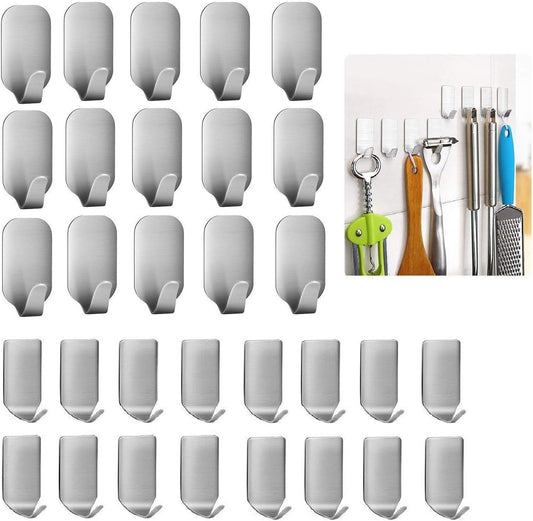 Adhesive Hooks, 32-Pack Heavy Duty Wall Hooks Stainless Steel Waterproof Hangers for Kitchen, Bathroom, Bags, Towel, Coat, Keys, Robe, Home, Offices (16 Small + 16 Big) (Hooks - 32p)