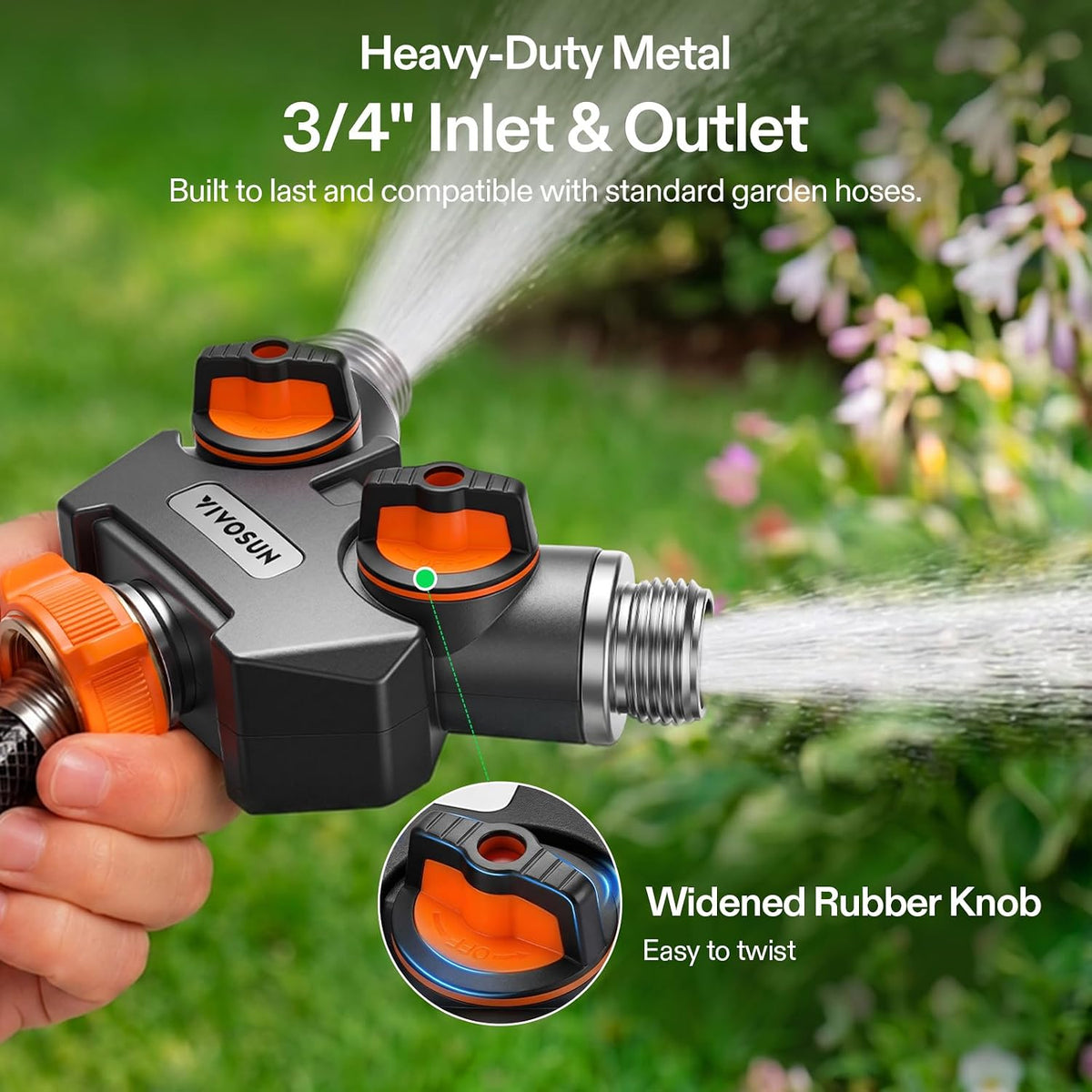 VIVOSUN Garden Hose Splitter 2 Way Heavy Duty, Upgraded Highly Durable Dual Water Hose Connector, Faucet Adapter with Comfortable Rubberized Grip for Drip Irrigation, Lawns