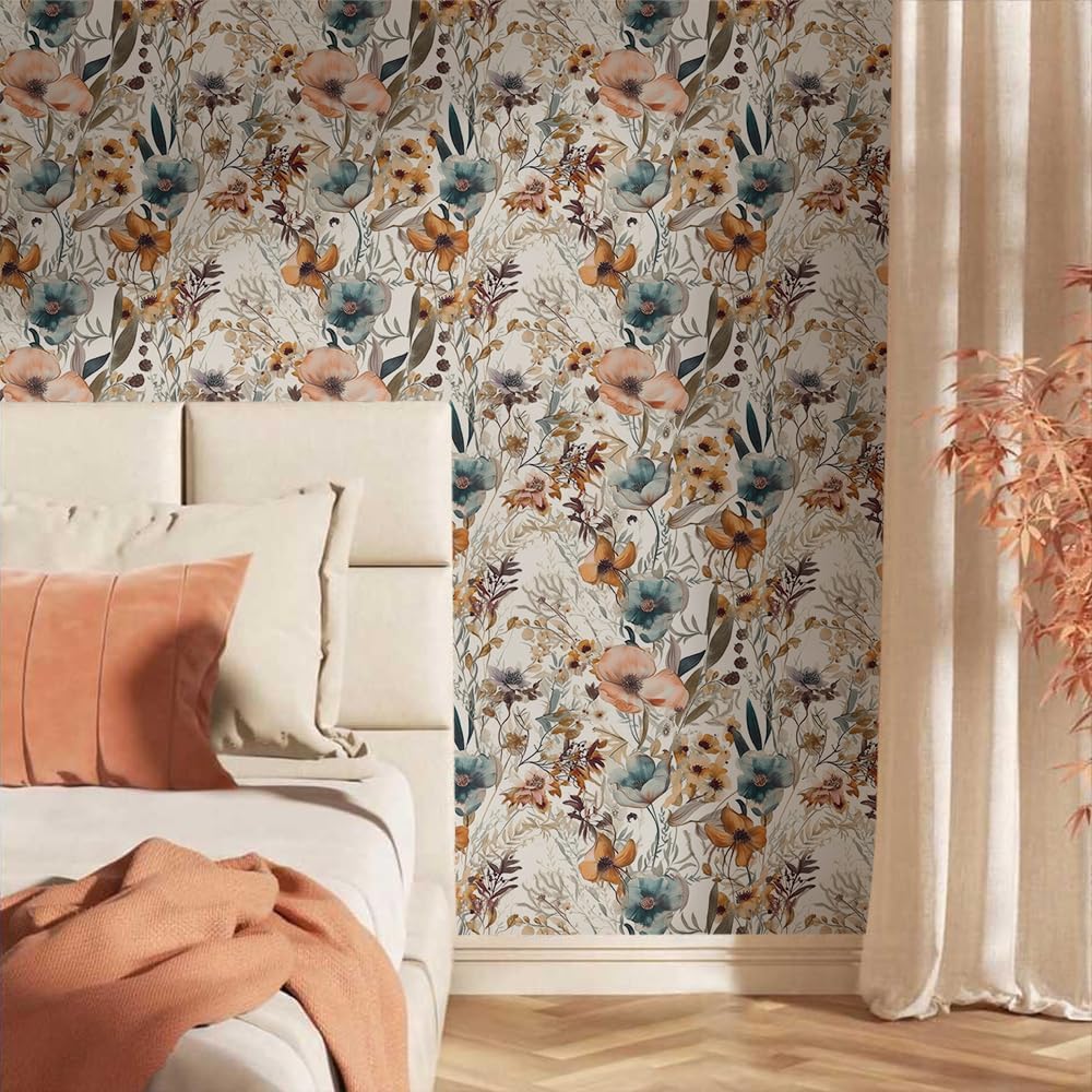 MuralPeel White/Pink/Gold Floral Garden Black Blue Flowers Vintage Peel and Stick Wallpaper Self Adhesive Removable Easy Peel Off Contact Paper Stick on Wall Paper for Bedroom Cabinet Renter Friendly