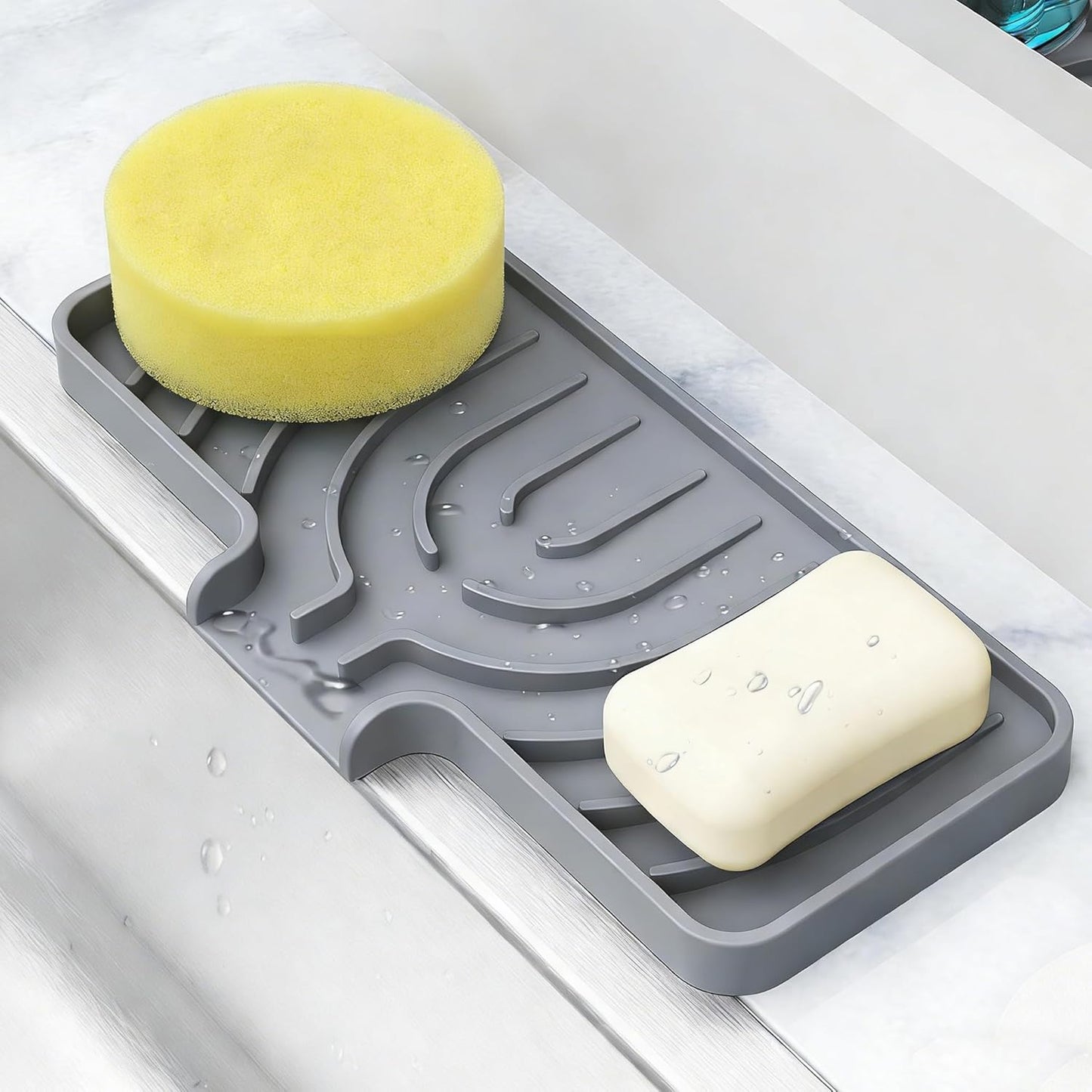 Sponge Holder for Kitchen Sink, Dish Sponge Holder & Soap Tray with Drain, Bathroom Sink Sponge Drying Rack & Perfect Organizer for Dispenser,Bottle,Cup on Sinks or Counter(8"x 4"Gray)