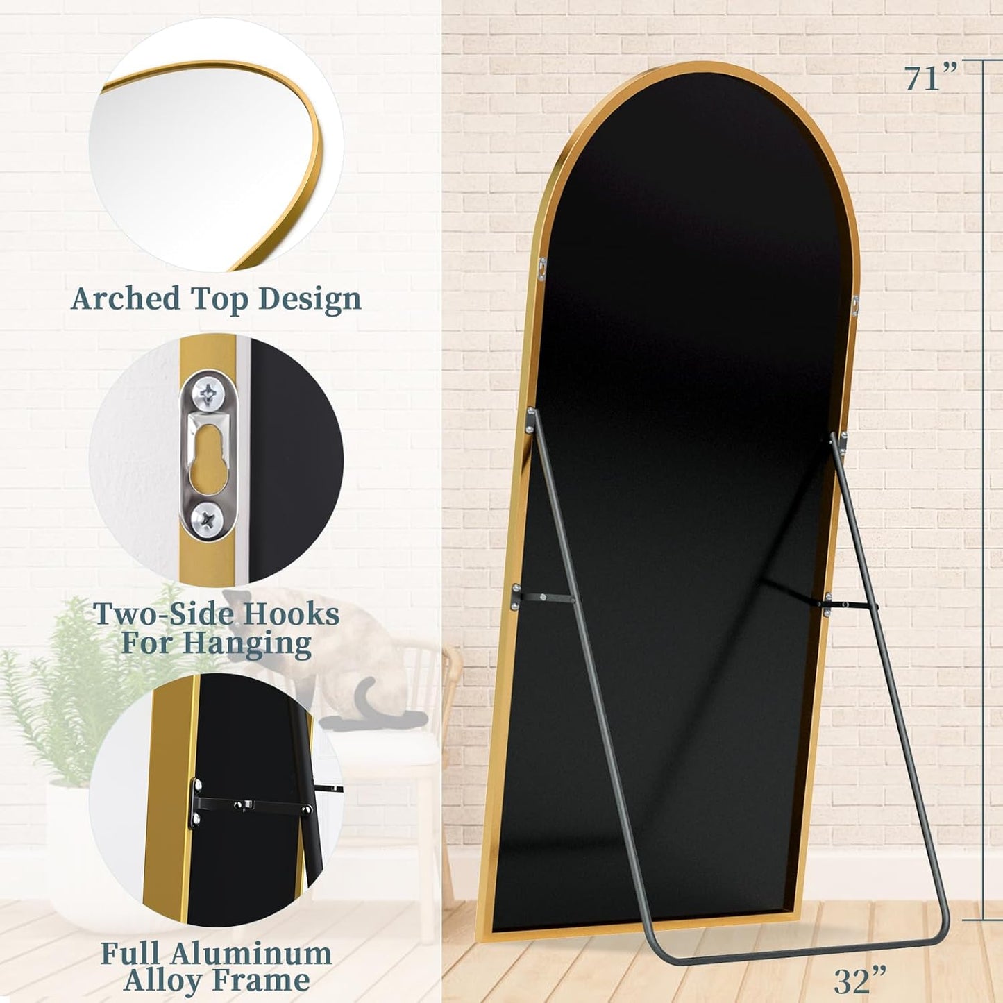 Full Length Mirror with Stand, 71"x28" Arched Full Body Large Stand Up Aluminum Frame Floor Standing Mirror, Freestanding Hanging Leaning Mounted for Bedroom Living Room Entryway Gold
