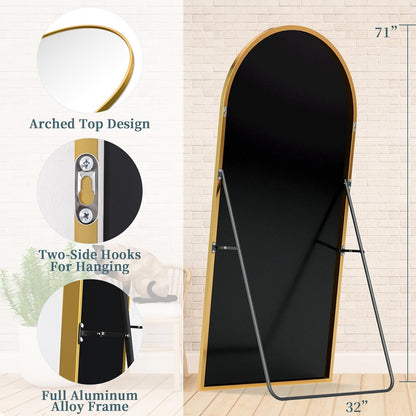 Full Length Mirror with Stand, 71"x28" Arched Full Body Large Stand Up Aluminum Frame Floor Standing Mirror, Freestanding Hanging Leaning Mounted for Bedroom Living Room Entryway Gold