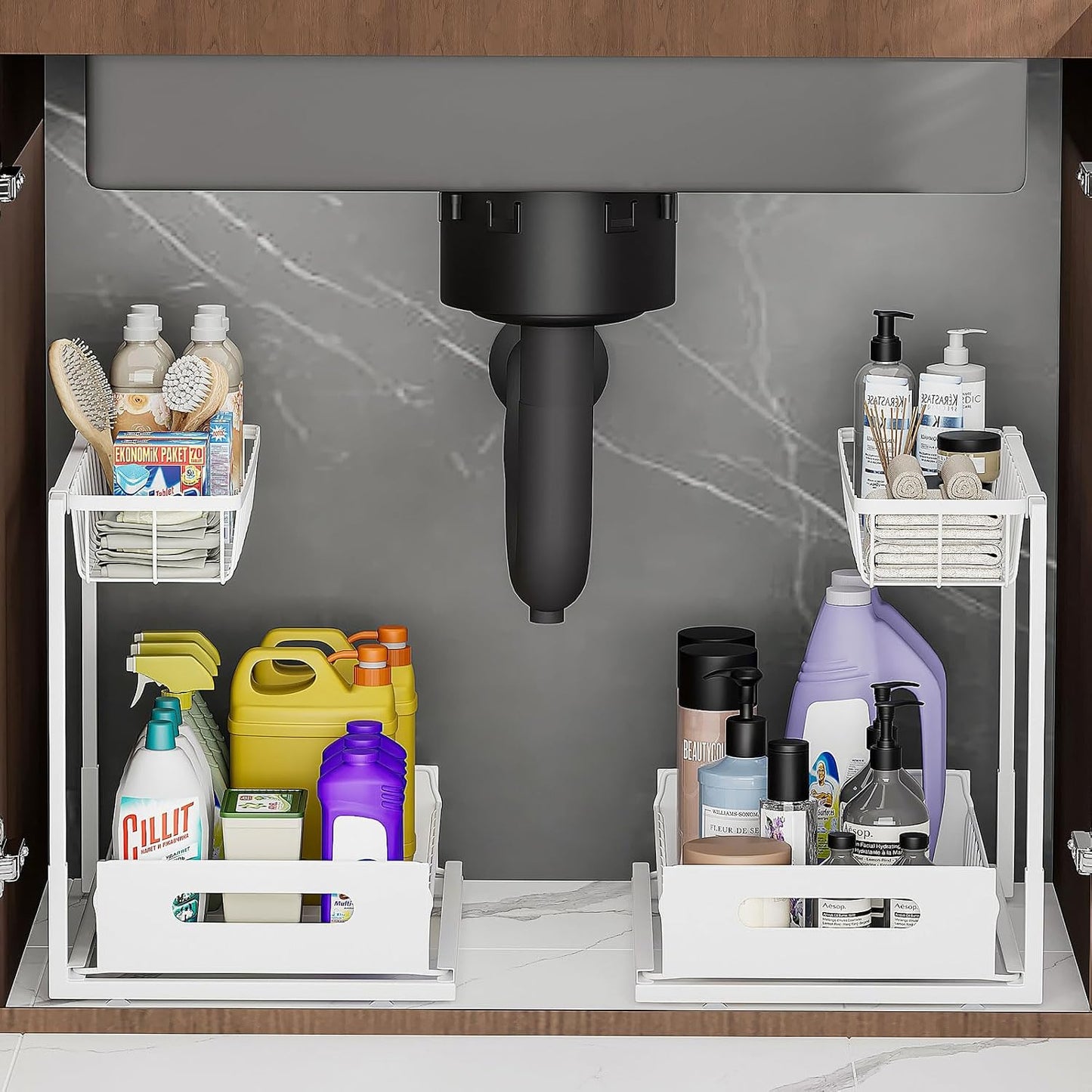 Ceetug Slide Out Under Sink Organizers and Storage, Black, 1 Pack | 2 Tier, Sturdy Metal, Cabinet Organizer, for Kitchen Bathroom