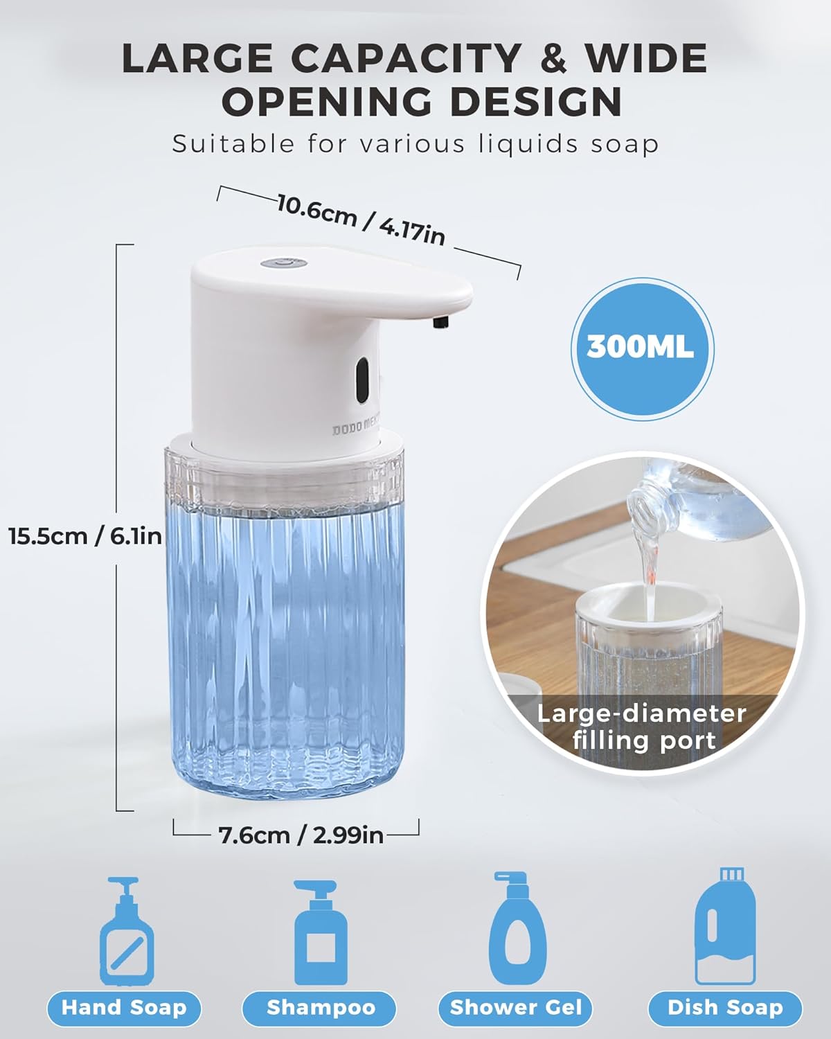 Automatic Foaming Soap Dispenser Touchless, 3 Adjustable Liquid Levels, 10oz/300ml Rechargeable, IPX7 Waterproof for Bathroom, Kitchen, Black