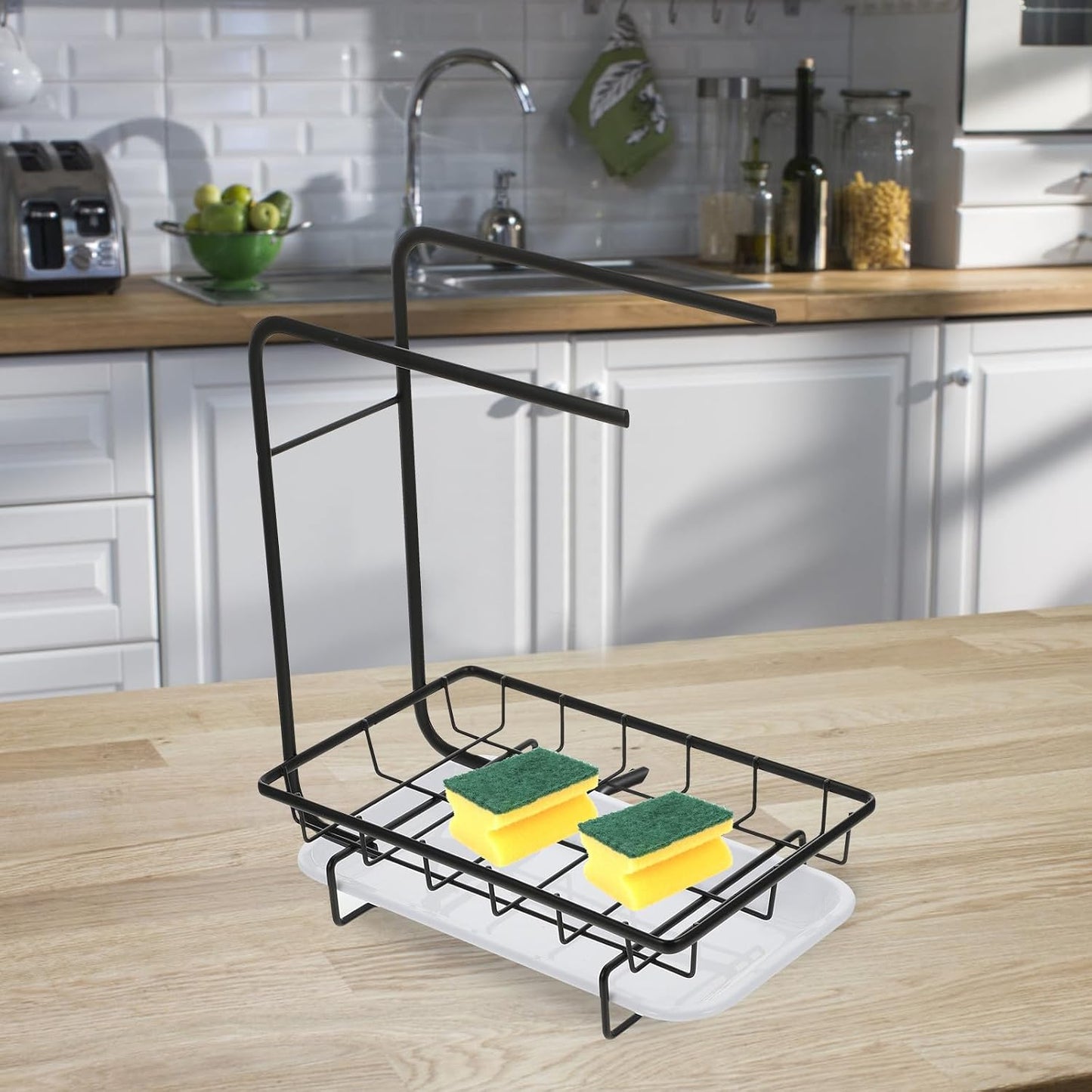 Healifty Kitchen Sponge Rack and Rag Rack, Wall-Mounted and Desktop Dual-Purpose Black Two-Rod Sponge Dishcloth Holder Drainage for Kitchen Storage and Cleaning Organization