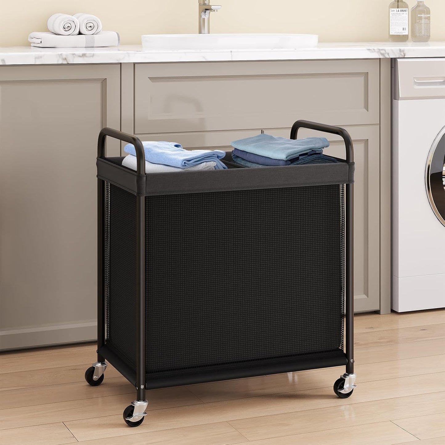 ELYKEN Laundry Hamper 3 Section, 120L Rolling Laundry Sorter with Removable Liner Bag, Laundry Basket with Wheels, Steel Frame with Metal Handle, Clothes Hamper Cart for Laundry Room & Bedroom