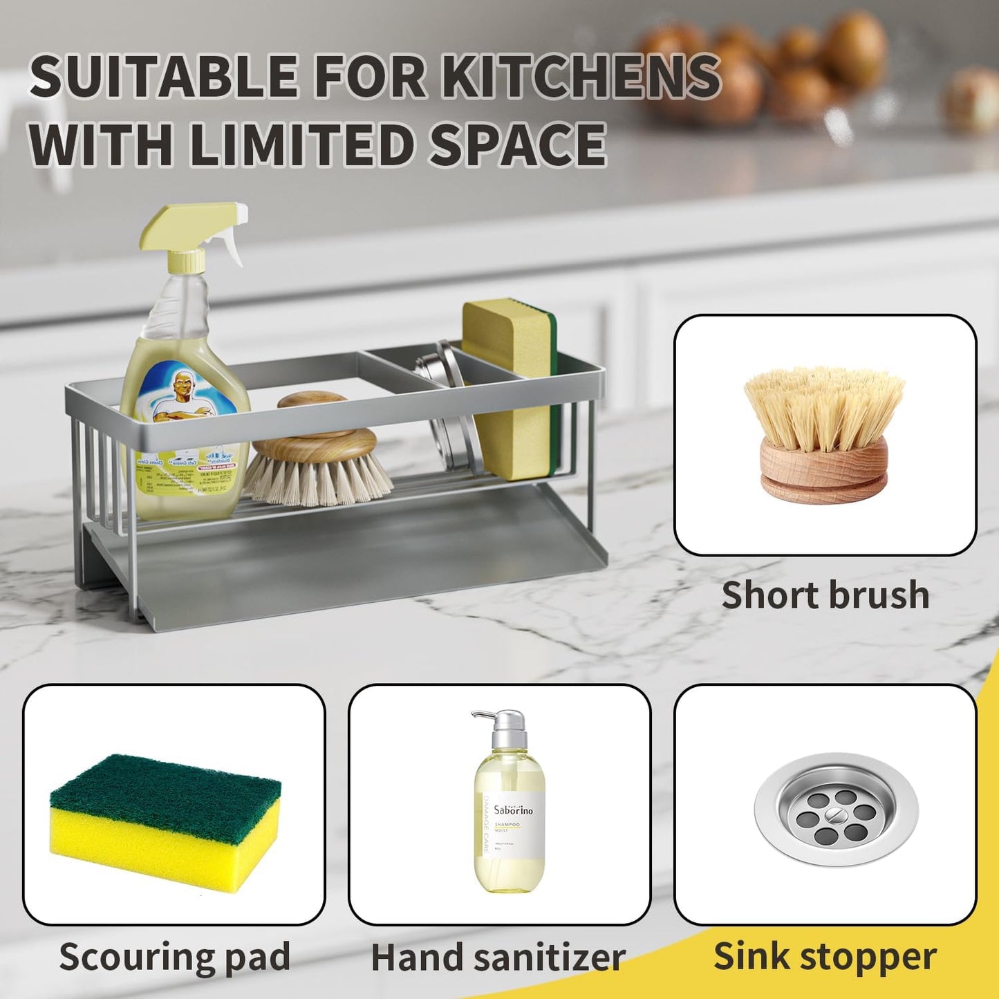 Kitchen Sink Caddy Organzier with Sponge Holder and Removable Drip Tray for Kitchen Sink, 304 Stainless Steel Organize for Sponge Soap Dish Brush Storage Accessories(Black)