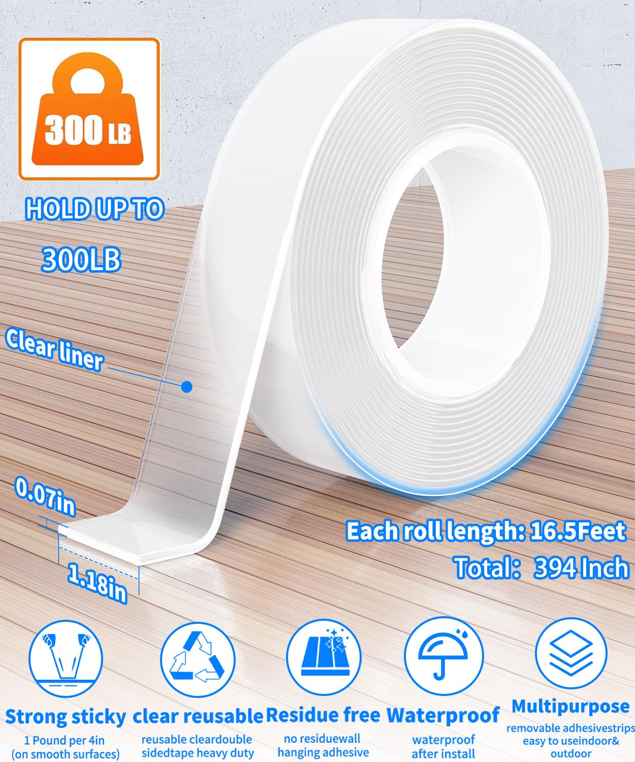 Double Sided Tape Heavy Duty, Nano Tape, Double Sided Mounting Tape, Clear Adhesive Tape for Hanging Picture, Poster, Carpet, Photo Deco, 2 Rolls, 16.5 Feet Per Roll