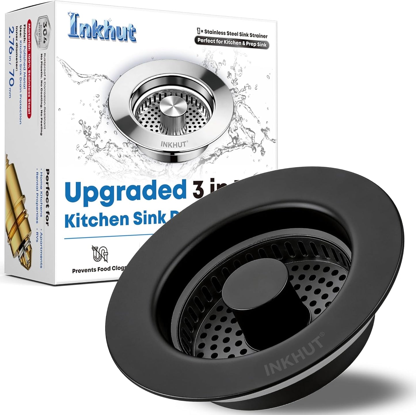 Upgraded 3 in 1 Kitchen Sink Drain Strainer - Stainless Steel Sink Stopper, Anti-Clogging Sink Food Catcher Basket, Fast Drainage Odor Filter Sink Plug for US Standard 3 1/2 inch Drain (Silver-1Pack)