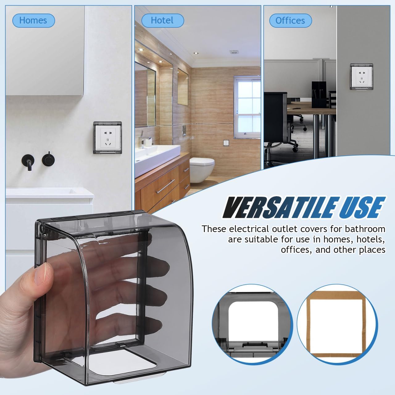 Outlet Covers Box: Clear Plastic Indoor Waterproof Electrical Outlet Cover Plug Baby Proof Receptacle Protector for Home Kitchen Bathroom Hotel Wall, Self Adhesive, Easy Install