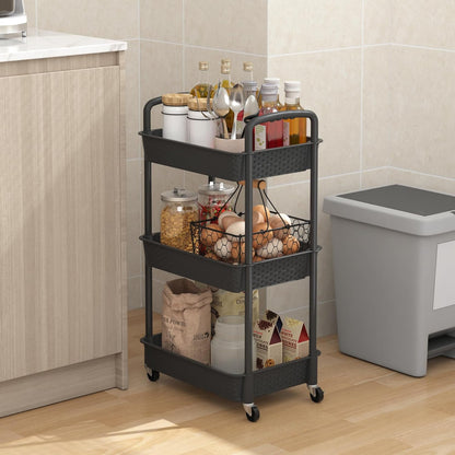 MOYIPIN 3-Tier Plastic Rolling Utility Cart with Handle,Utility Storage Cart for Office, Living Room, Kitchen,Movable Storage Organizer Shelves,White