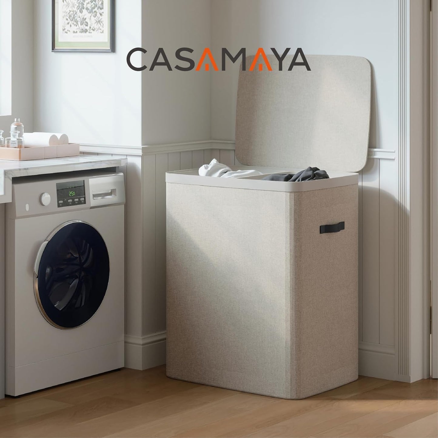 CASAMAYA Laundry Basket with Lid, Laundry Hamper 3 Section, 190L collapsible Laundry Organizer, Easy Assembly, with Handles and Removable Liners, 25.2 x 15.7 x 29.5 Inches, Beige JSP904M