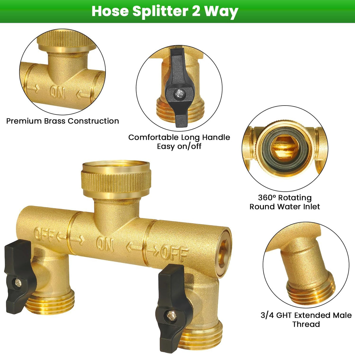 Hose Splitter, Garden Hose Splitter 2 Way with 304 Stainless Steel Long Handle, Heavy Duty Outdoor Brass Hose Splitter Y Tap Splitter 4" Extra Long Metal Handle, 3/4" GHT Thread