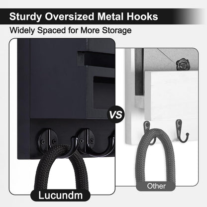 Key and Mail Holder Wall Mount, Key Hanger with Long Storage Box and 5 Hooks for Coat, Dog Leash, Home Decor Rack, House Accessories, Entry Way Organizer 11.8”W x 7.8”H x 3.2”D
