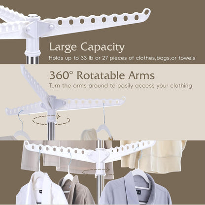 Beaudaily Clothes Drying Rack, Foldable 79.5-Inch Laundry Drying Rack,3 Tie, with Rotatable Arms, Stainless Steel, Holds 27 Clothes,8 Towels and 24 Clips for Hanging Socks, White and Silver