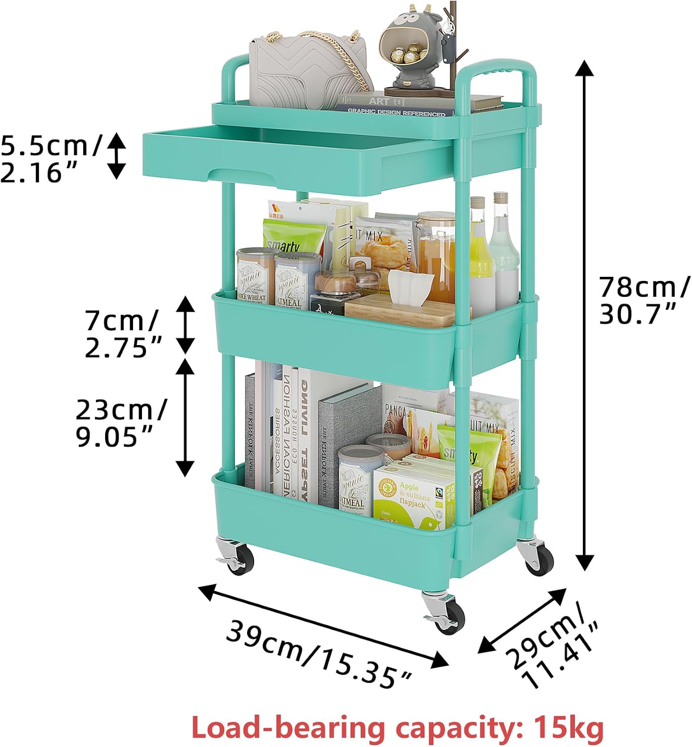 Calmootey 3-Tier Rolling Utility Cart with Drawer,Multifunctional Storage Organizer with Plastic Shelf & Metal Wheels,Storage Cart for Kitchen,Bathroom,Living Room,Office,White