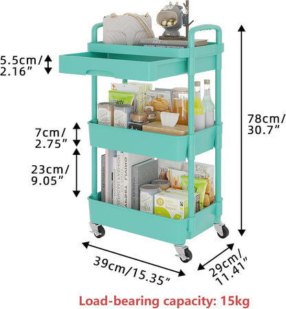Calmootey 3-Tier Rolling Utility Cart with Drawer,Multifunctional Storage Organizer with Plastic Shelf & Metal Wheels,Storage Cart for Kitchen,Bathroom,Living Room,Office,White