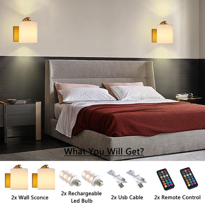 Battery Operated Wall Sconce Set of 2, Brushed Gold Rechargeable Wall Lights with Remote Control and Dimmable LED Bulbs, 13 Light Colors Wireless Wall Lamps for Bedroom Living Room Hallway (Gold)