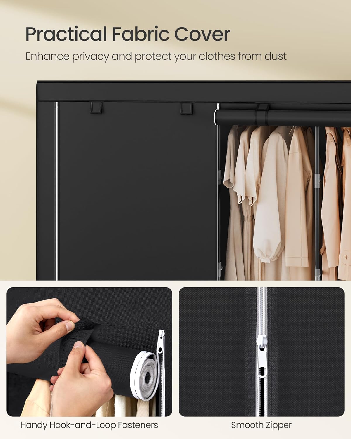 SONGMICS Portable Closet, Wardrobe Closet Organizer with Cover, 3 Hanging Rods and Shelves, 4 Side Pockets, 51.2 x 17.7 x 65.7 Inches, Large Capacity for Bedroom, Living Room, Ink Black URYG092B02
