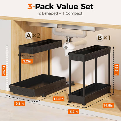 Sevenblue 3 Pack Multi-Purpose Pull-Out Storage Organizers, 2-Tier L-Shaped Under Sink/Cabinet Organizers and Storage for Bathroom & Kitchen, (Black, 12.85 Inches)
