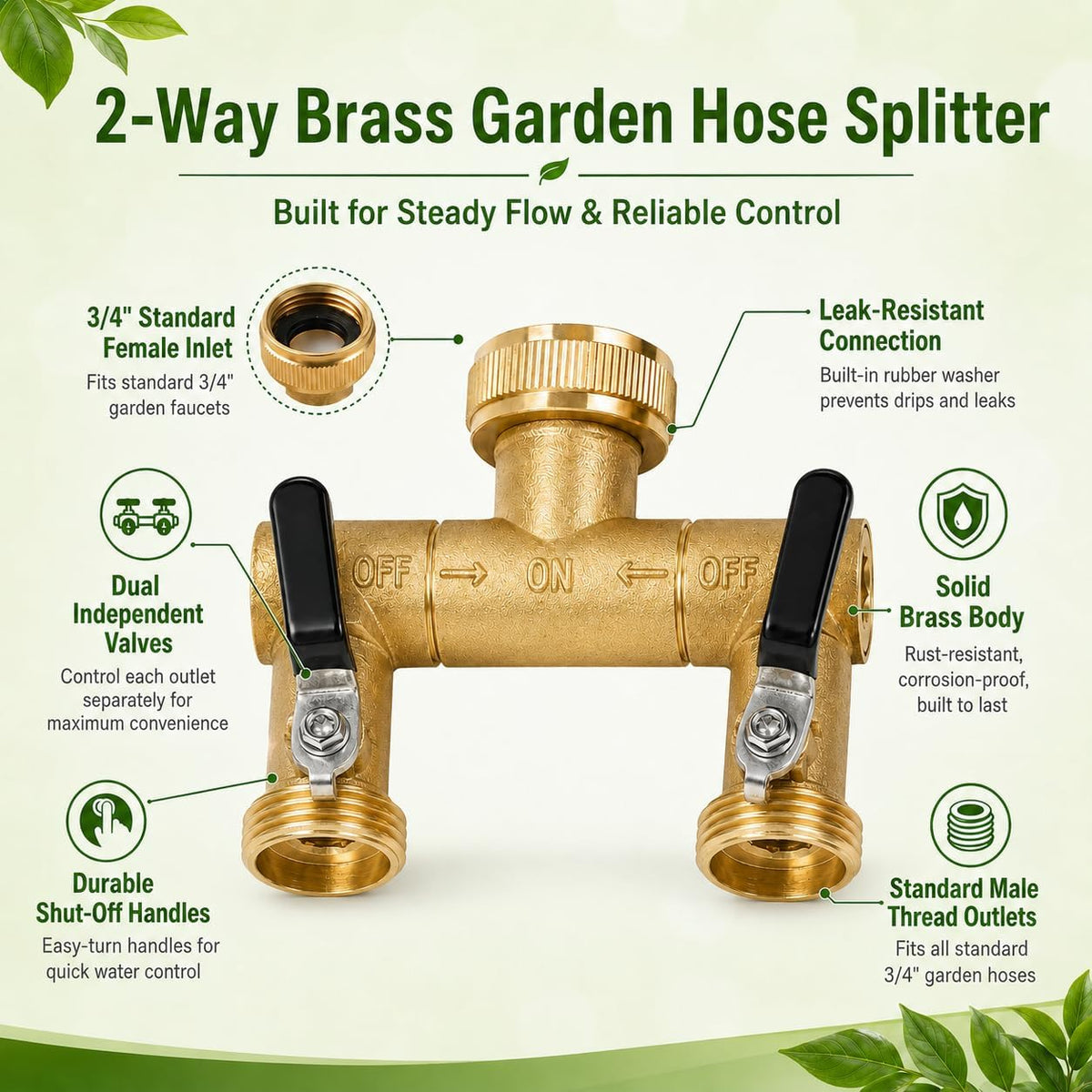 2 Way Garden Hose Splitter Heavy Duty，Full Flow Garden Hose Splitter with 2 Extra Rubber Washers，Brass Rust and Freeze Resistant Water Hose Bib Splitter，3/4” GHT Thread T Adapter