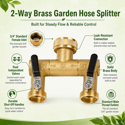 2 Way Garden Hose Splitter Heavy Duty，Full Flow Garden Hose Splitter with 2 Extra Rubber Washers，Brass Rust and Freeze Resistant Water Hose Bib Splitter，3/4” GHT Thread T Adapter