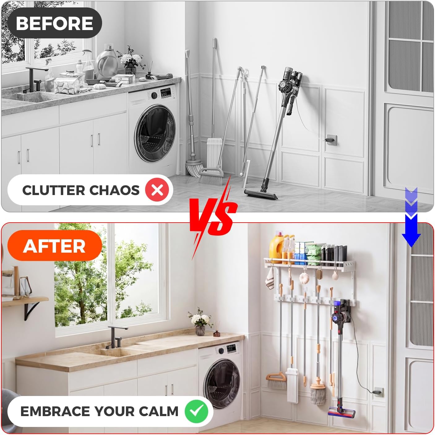 Broom Holder Wall Mount with Shelf,Broom Hanger,3 in 1 Broom and Mop Organizer Wall Hanging for Laundry,Garage,Utility,Broom Rack,Vacuum Stand Alternative,Cleaning Supplies Organizer Storage,White,L