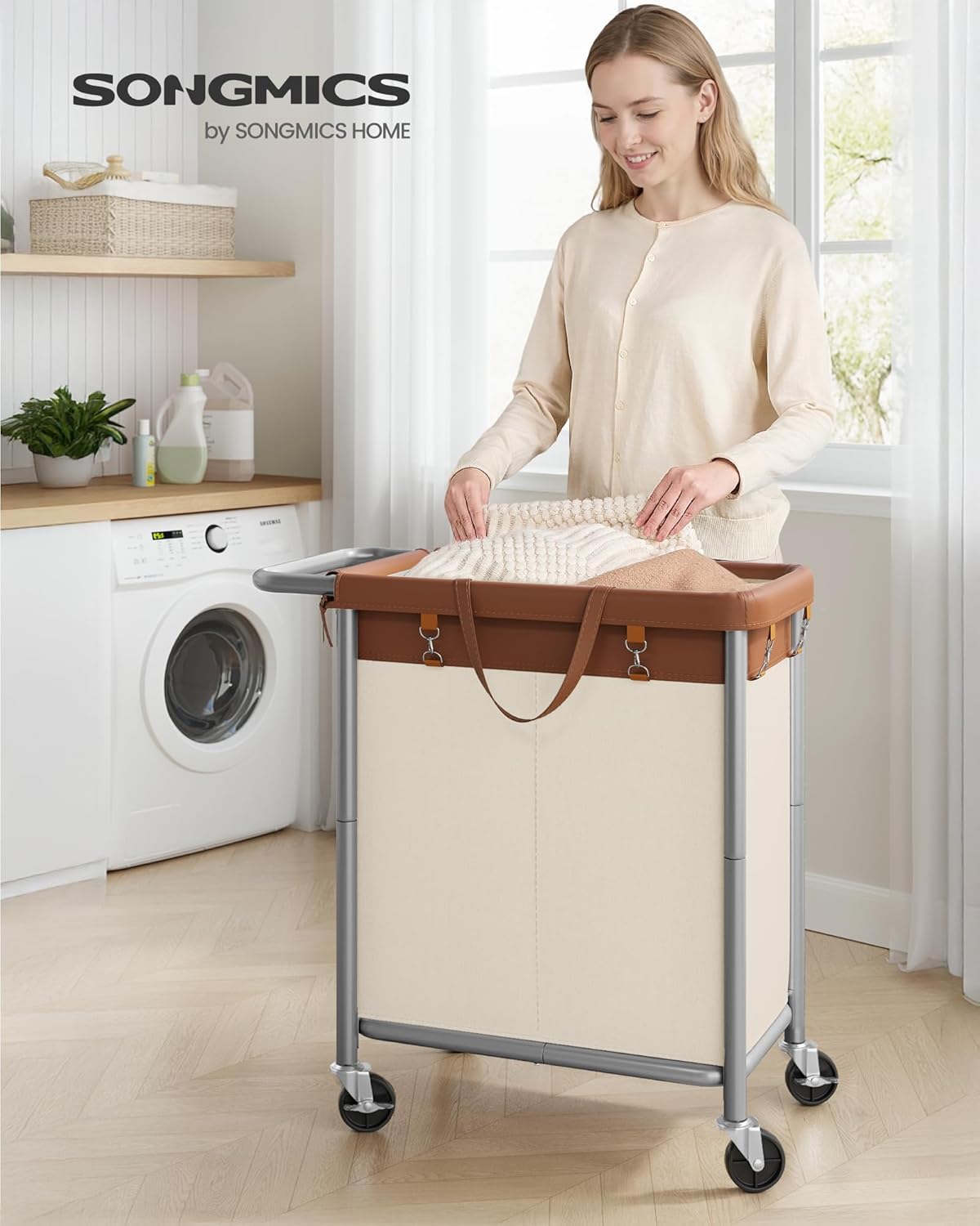 SONGMICS Laundry Basket with Wheels, 3-Section Rolling Laundry Hamper, 52.8 Gallons (200 L), Removable Liner, Steel Frame with Handle, 35.8 x 15.4 x 31.9 Inches, Cream White URLS005W01
