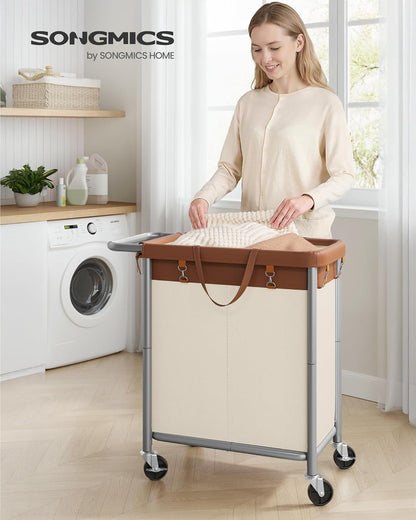 SONGMICS Laundry Basket with Wheels, 3-Section Rolling Laundry Hamper, 52.8 Gallons (200 L), Removable Liner, Steel Frame with Handle, 35.8 x 15.4 x 31.9 Inches, Cream White URLS005W01