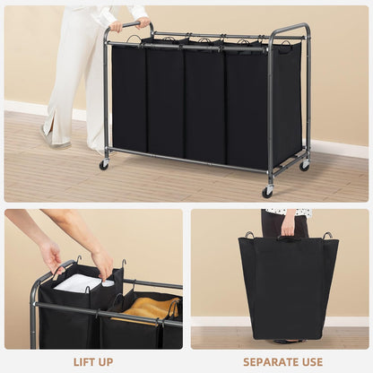STORAGE MANIAC 3 Section Laundry Sorter, 35.6 Gal (135 L) Laundry Hamper Cart with Heavy Duty Rolling Lockable Wheels and Removable Bags, Clothes Organizer Basket Separator Hamper, Gray