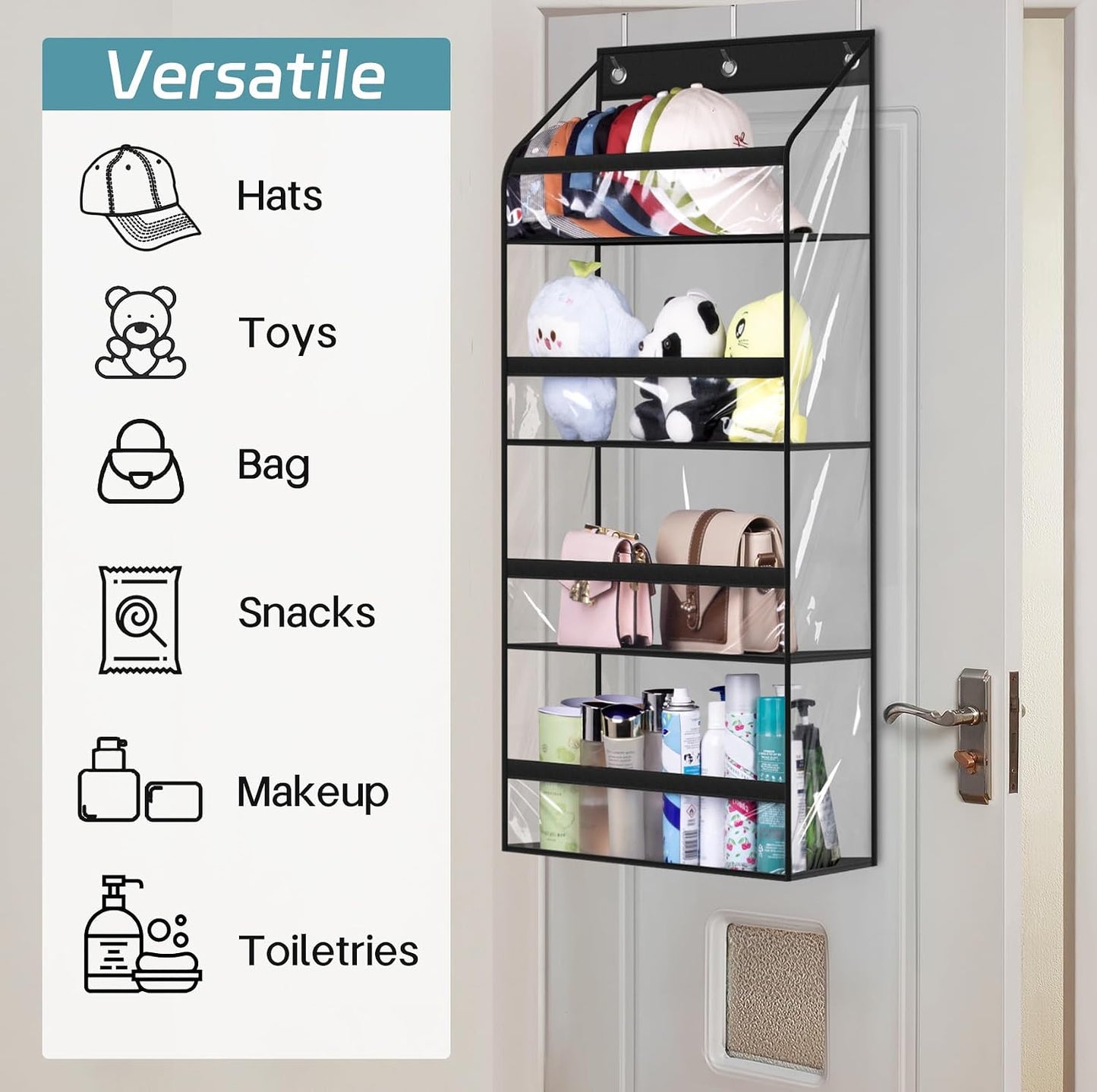 AOODA Clear Over the Door Hat Racks for Baseball Caps, Large Holds up to 72 Caps Hat Storage Organizer for Closet Wall, Deep Pockets Hanging Snapback Holder Shelves with 3 Hooks, White
