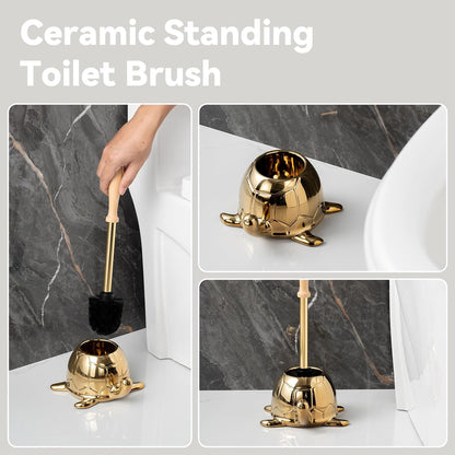 Toilet Brush and Holder Set, Ceramic Turtle Base Toilet Brush Set - 7.5” Bowl Cleaner, Toilet Scrubber Brush with Ergonomic Handle (Silver)