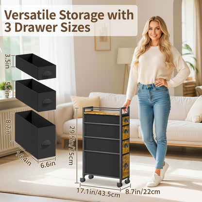 LASZOLA 5 Drawer Narrow Dresser Slim Cabinet Skinny Storage Tower Chest, Ideal for Small Spaces Bathroom, Between Washer and Dryer, Lightweight Mobile on Wheels, Sturdy Fabric Drawers, Black