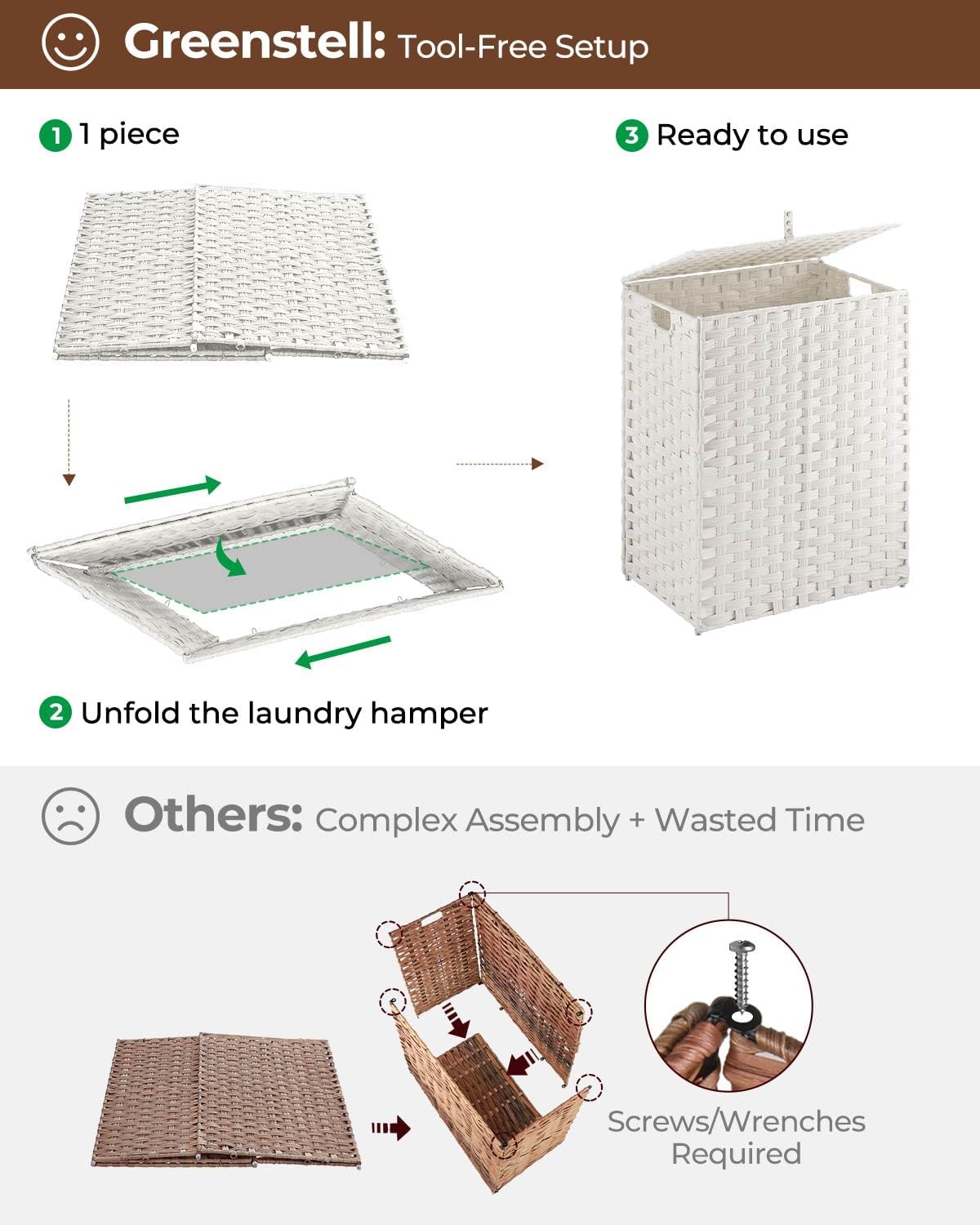 Greenstell Laundry Hamper with 2 Removable Liner Bags, Foldable Divided Clothes Hamper, 90L Handwoven Rattan Laundry Basket with Lid and Handles, No Assembly Needed, 18.3x13.3x24 Inches, Black