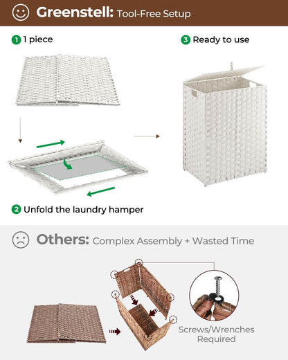 Greenstell Laundry Hamper with 2 Removable Liner Bags, Foldable Divided Clothes Hamper, 90L Handwoven Rattan Laundry Basket with Lid and Handles, No Assembly Needed, 18.3x13.3x24 Inches, Black
