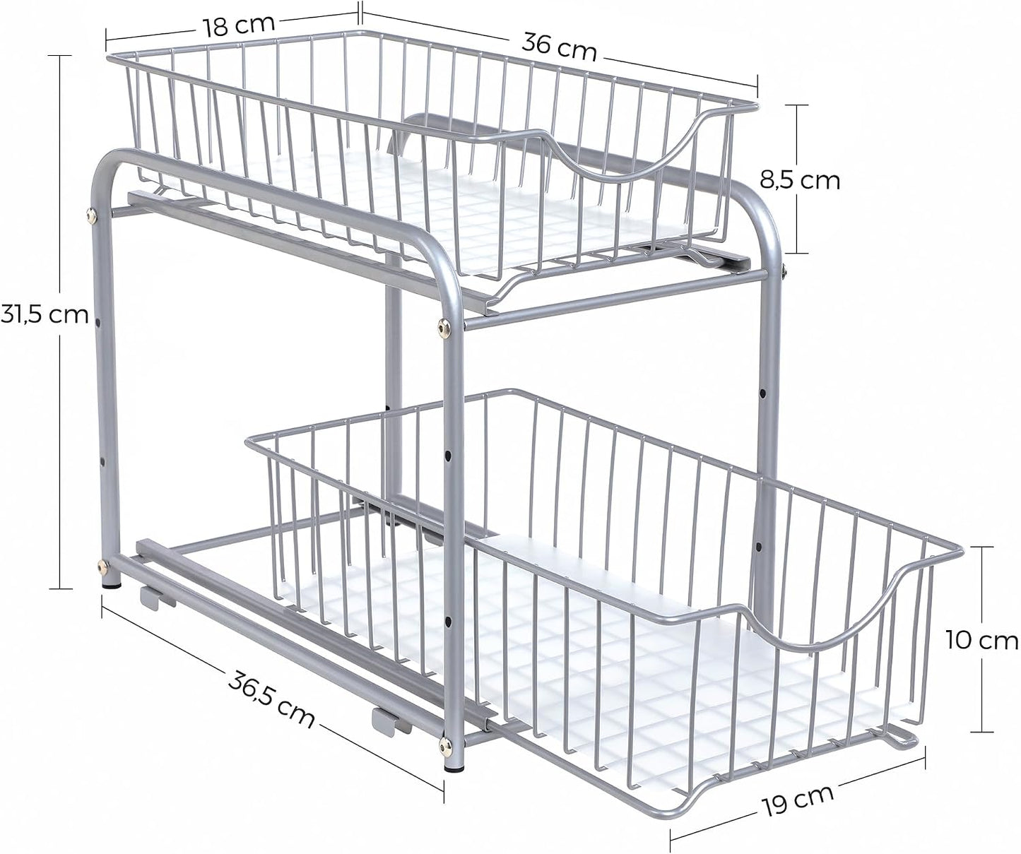 SONGMICS 2-Tier Pull Out Cabinet Organizers, Under Sink Organizer, Bathroom Organizer and Storage, Sliding Basket Drawers, Stackable for Kitchen, Bathroom, Metallic Silver UKCS017E01