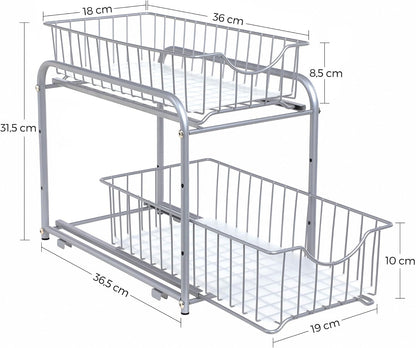 SONGMICS 2-Tier Pull Out Cabinet Organizers, Under Sink Organizer, Bathroom Organizer and Storage, Sliding Basket Drawers, Stackable for Kitchen, Bathroom, Metallic Silver UKCS017E01