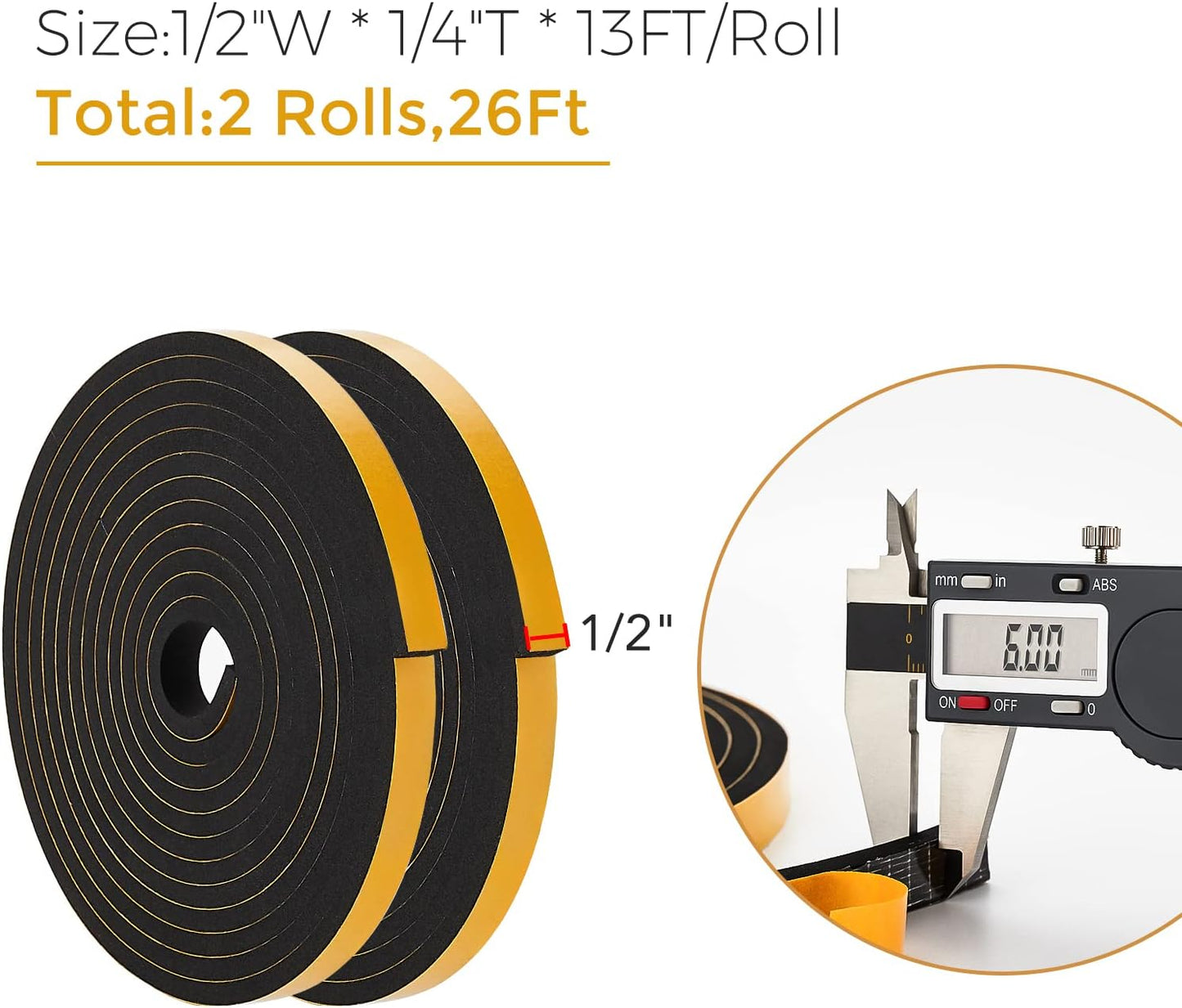 33 Feet Weather Stripping Door Seal- 1/2" Wide X 1/4" Thick Door Bottom Seal Strip High Density Foam Tape Adhesive Rubber Strip for Door Soundproofing,Window Insulation (1/2" x 1/4" x 33FT,Black)