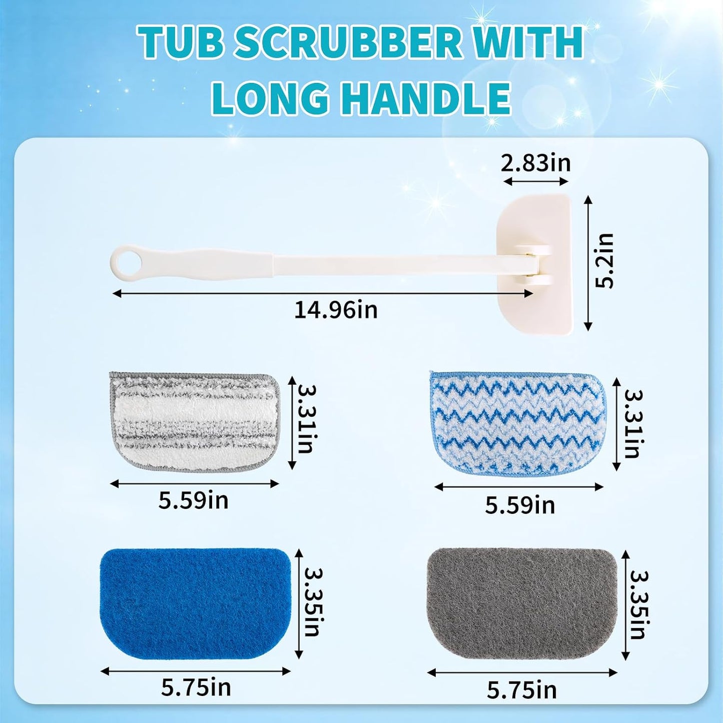 Tub Brush Scrubber with Long Handle, Durable Tub Scrubber with 4 Versatile Cleaning Heads, No-Scratch, Powerful Deep-Clean Tile Scrubbers, for Shower Bathroom Kitchen Bathtub Toilet
